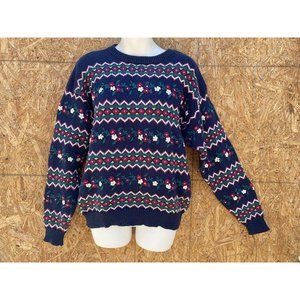 J. Christopher Womens Blue cotton Floral  Pullover Sweater M Cottagecore Cabin